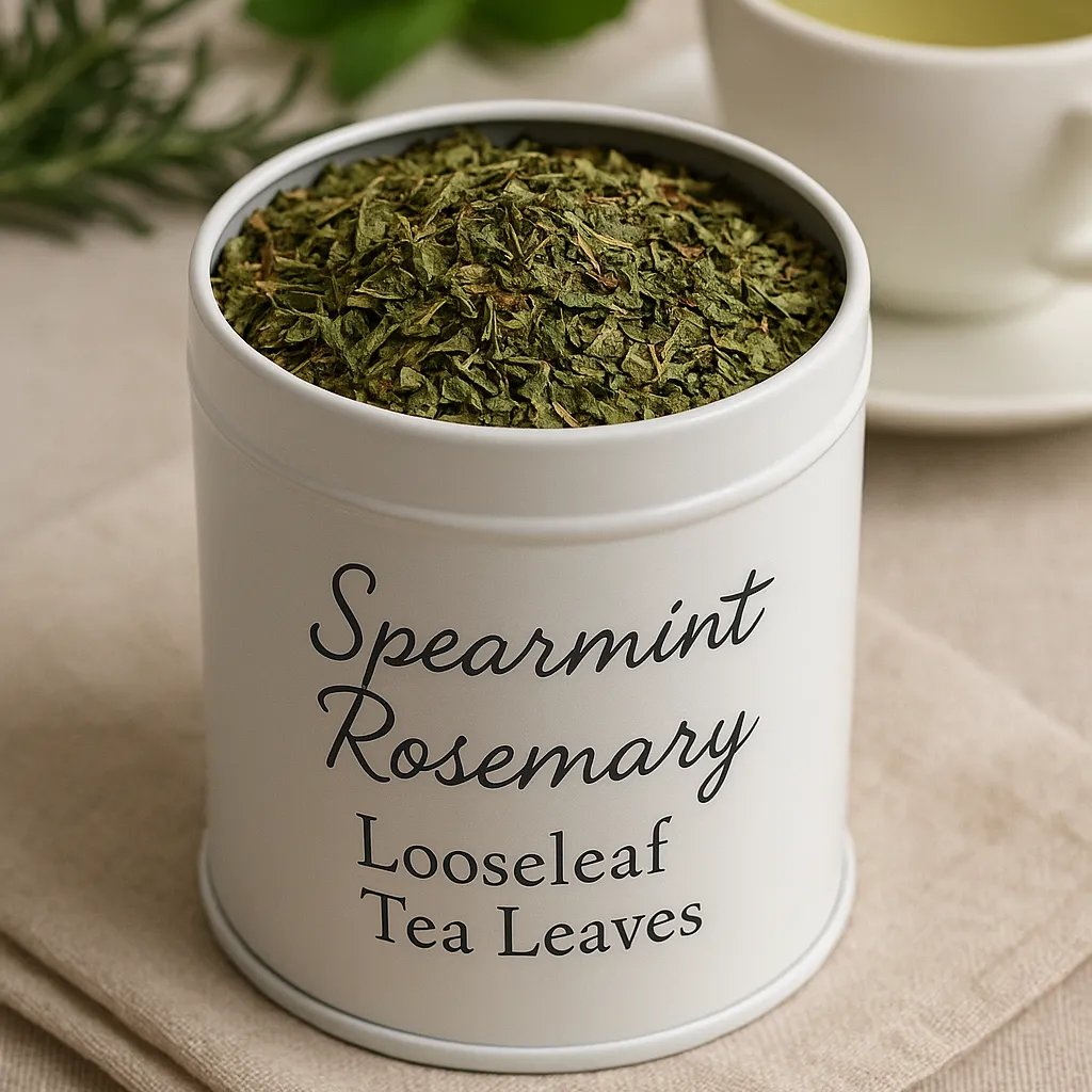 A tin labeled "Spearmint Rosemary Looseleaf Tea Leaves" filled with dried tea leaves, with a cup of tea and greenery in the background.