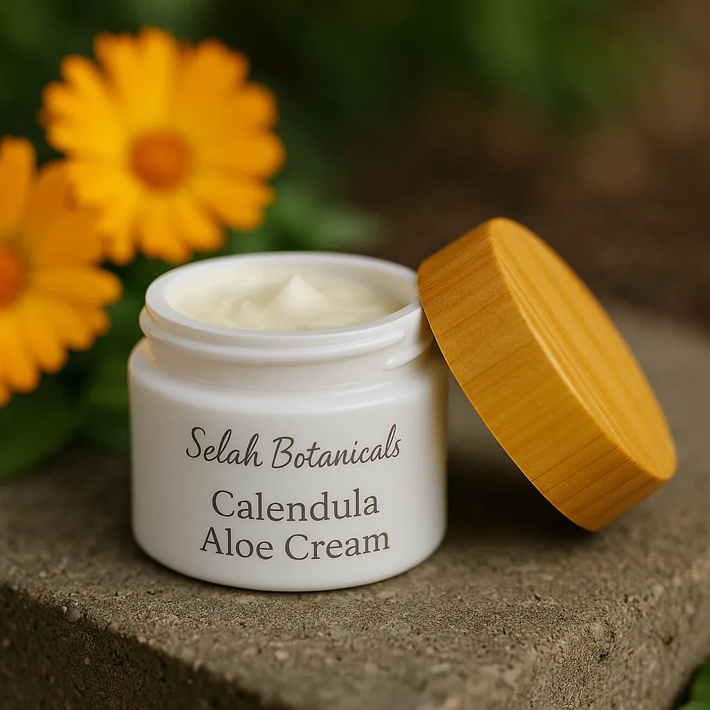 A white jar of Selah Botanicals Calendula Aloe Cream with an open wooden lid, placed on a stone surface next to orange flowers and green leaves.