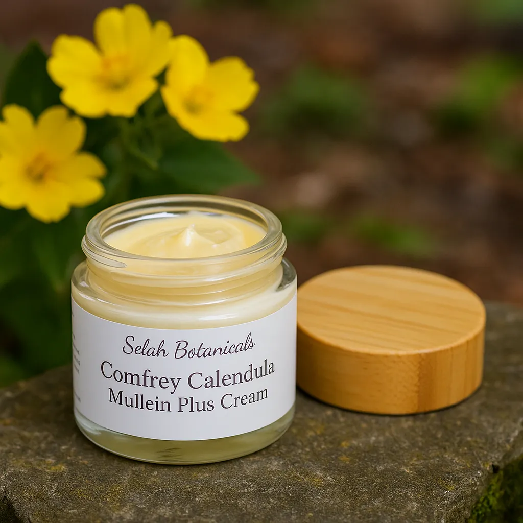 An open jar of Selah Botanicals Comfrey Calendula Mullein Plus Cream sits on a stone surface with yellow flowers in the background.