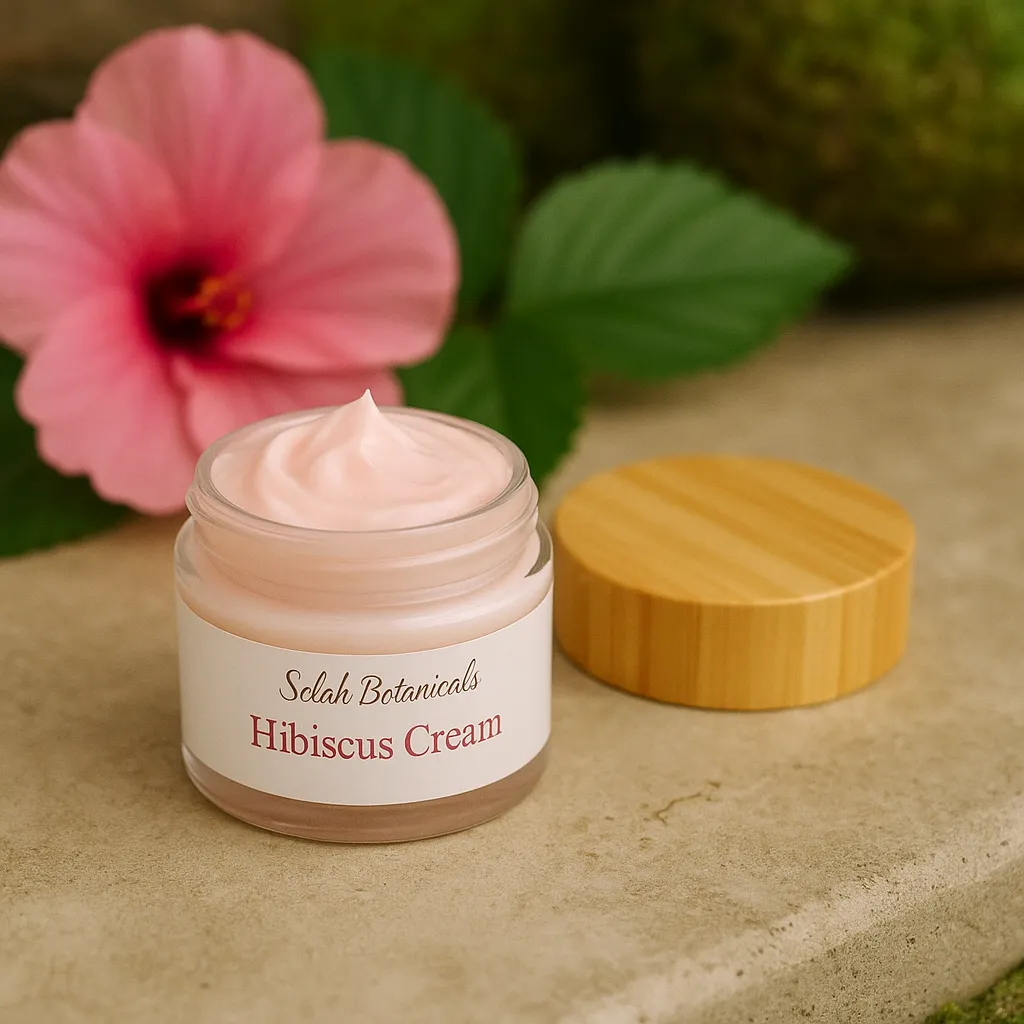 An open jar of Selah Botanicals Hibiscus Cream with a wooden lid beside it, placed in front of a pink hibiscus flower and green leaves.