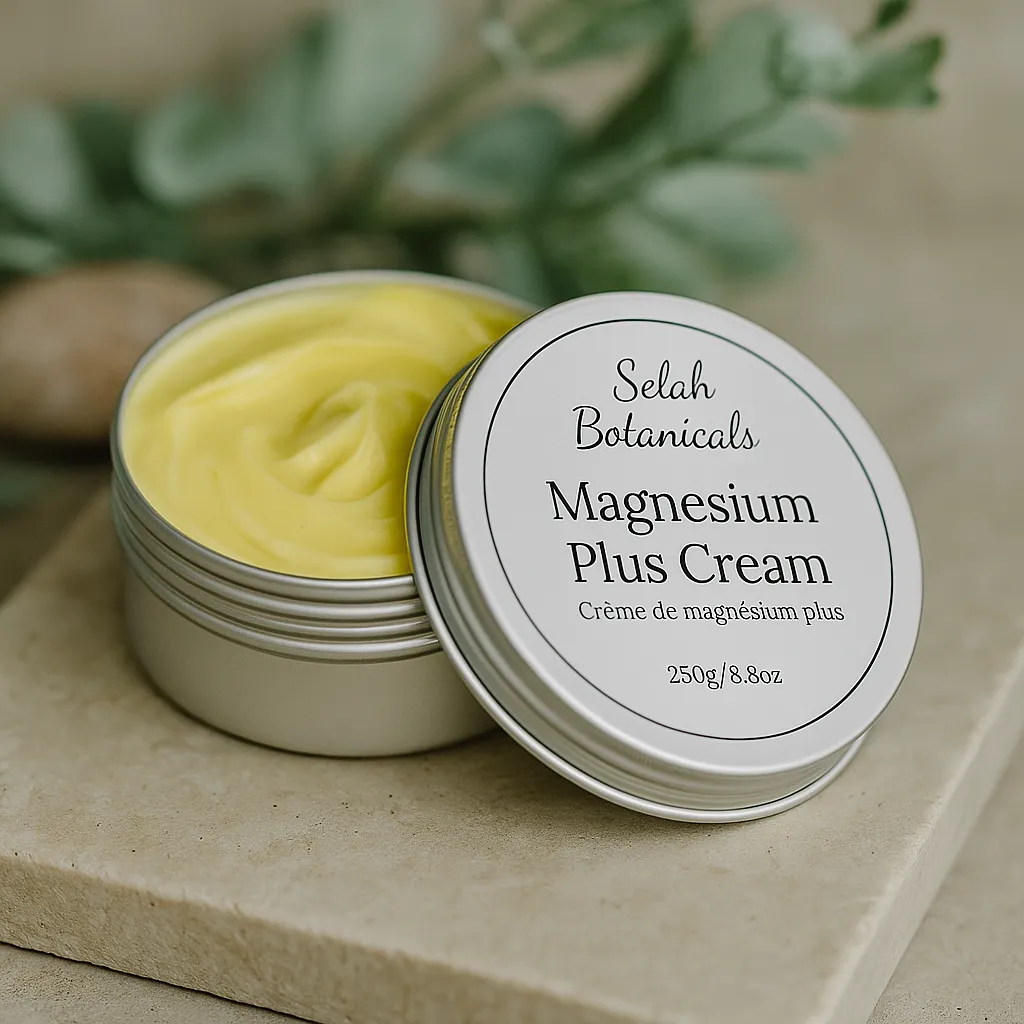 An open tin of Selah Botanicals Magnesium Plus Cream with a yellow cream inside, placed on a beige surface with green leaves in the background.