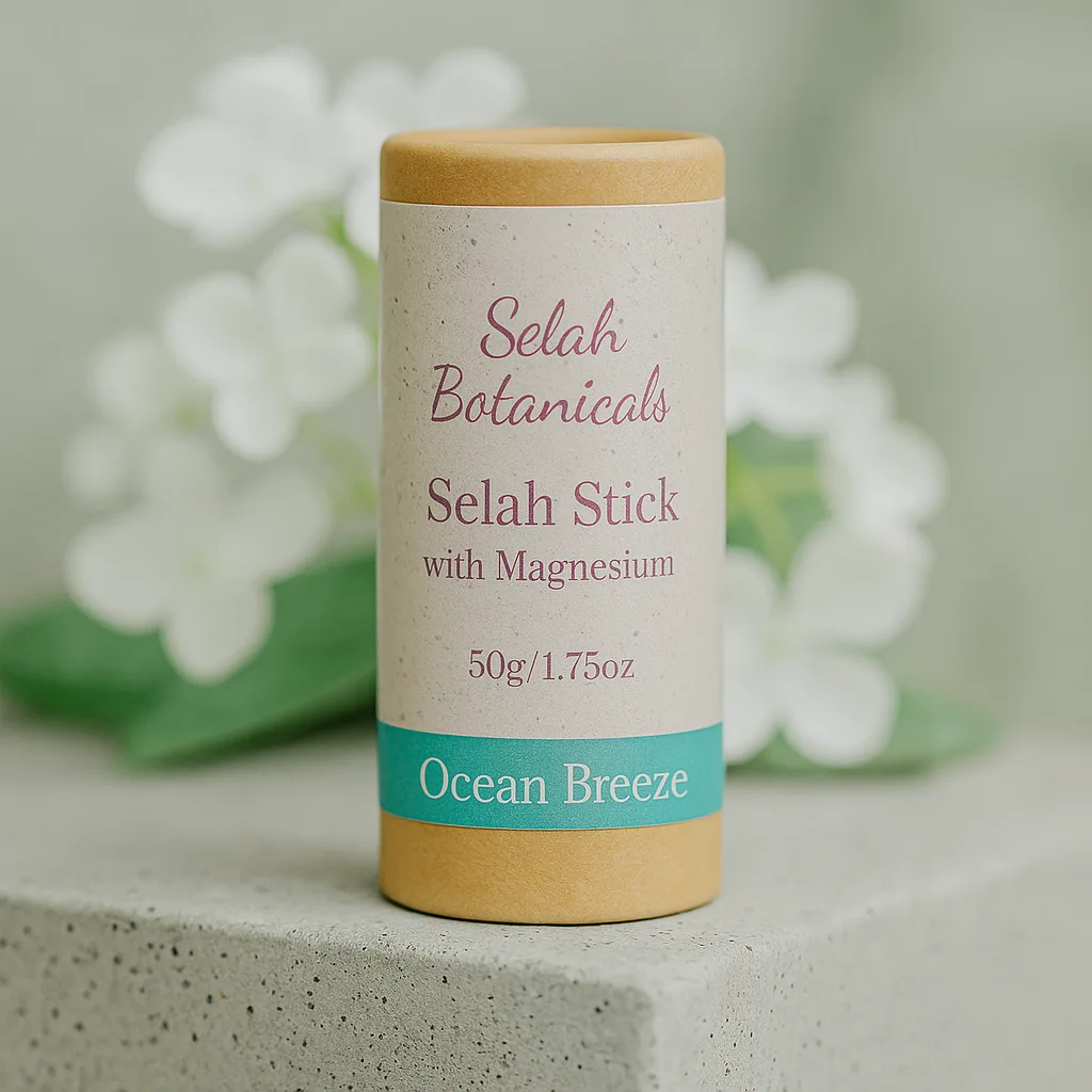 A Selah Botanicals Selah Stick with Magnesium in Ocean Breeze scent stands on a gray surface with white flowers in the background.