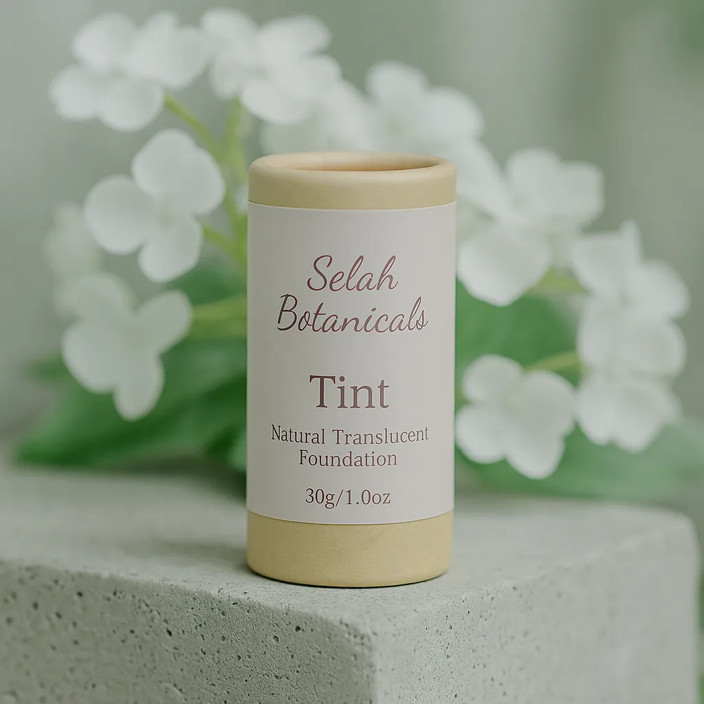 A Selah Botanicals Tint Natural Translucent Foundation stick, 30g/1.0oz, is placed on a concrete surface with white flowers in the blurred background.