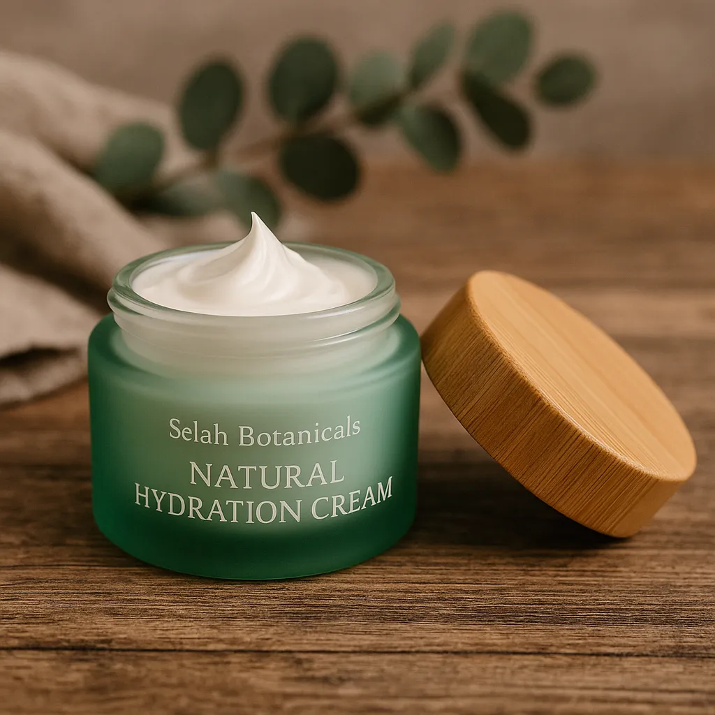 A green glass jar labeled "Selah Botanicals Natural Hydration Cream" sits on a wooden surface with its lid off, displaying white cream inside. Eucalyptus leaves are in the background.