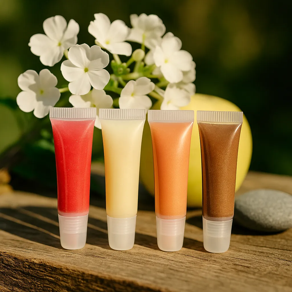 Four tubes of colored lip gloss—red, yellow, orange, and brown—are displayed on a wooden surface with white flowers and a green apple in the background.
