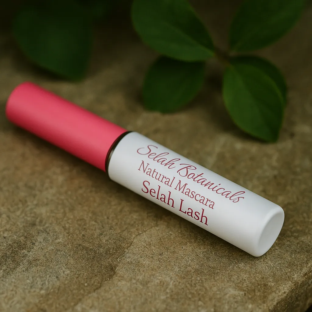 A white and pink tube of Selah Botanicals Natural Mascara labeled "Selah Lash" rests on a stone surface next to green leaves.