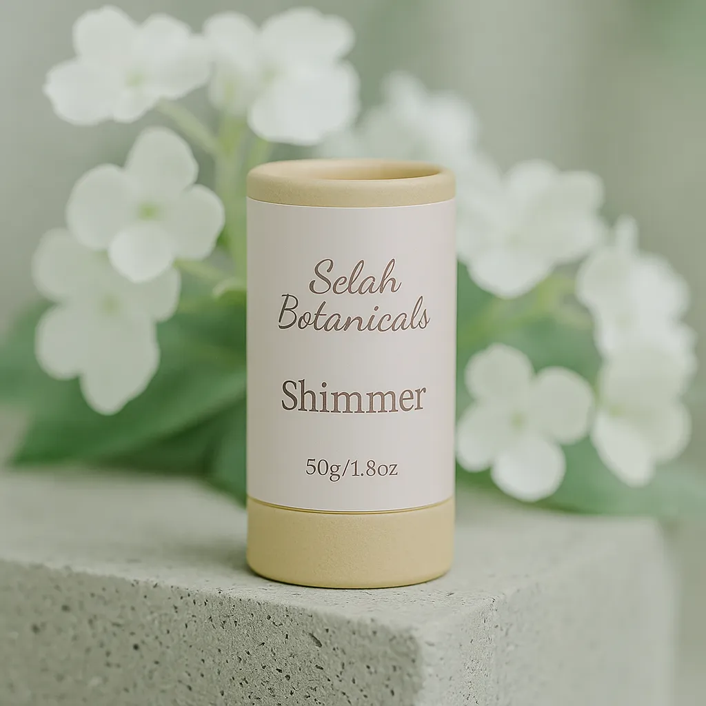 A cylindrical container labeled "Selah Botanicals Shimmer 50g/1.8oz" stands on a textured surface with white flowers in the background.