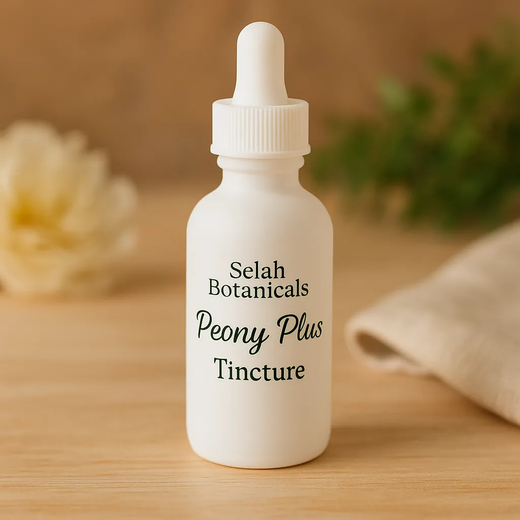 A white dropper bottle labeled "Selah Botanicals Peony Plus Tincture" sits on a wooden surface with a blurred flower and greenery in the background.