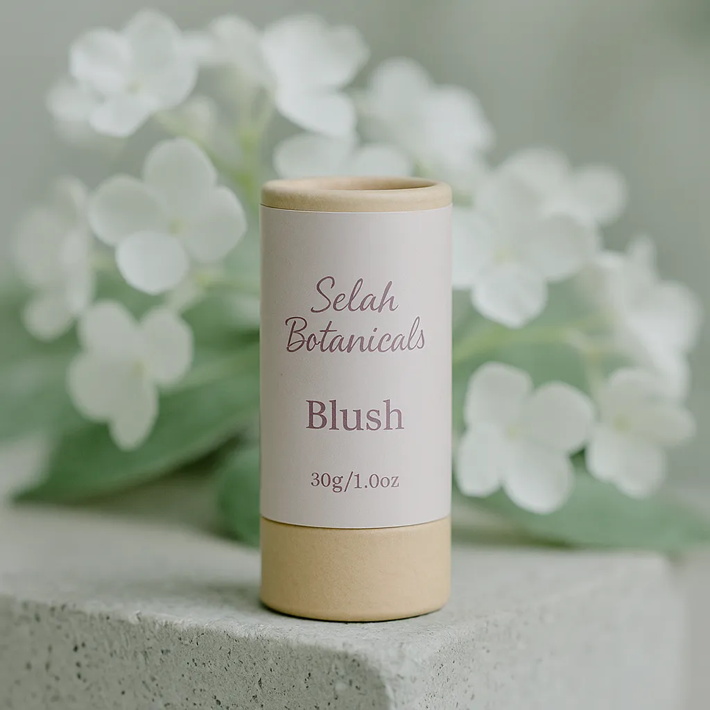 A cylindrical container labeled "Selah Botanicals Blush 30g/1.0oz" is placed on a stone surface with white flowers in the background.