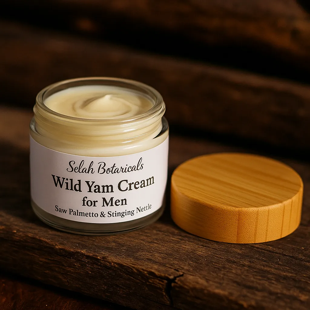 An open jar of Selah Botanicals Wild Yam Cream for Men with a wooden lid placed beside it on a rustic wooden surface.
