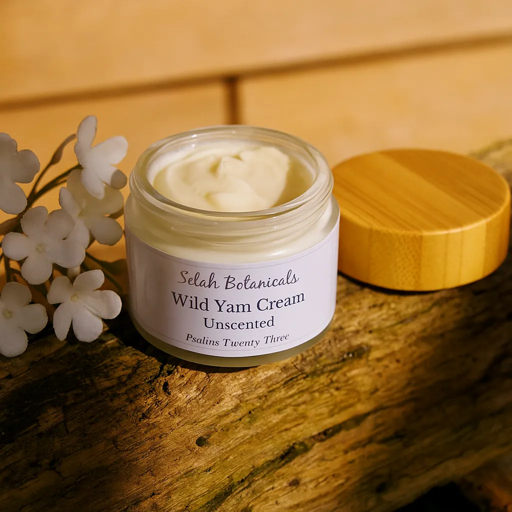 An open jar of Selah Botanicals Wild Yam Cream Unscented sits on a wooden surface next to a bamboo lid and white artificial flowers.