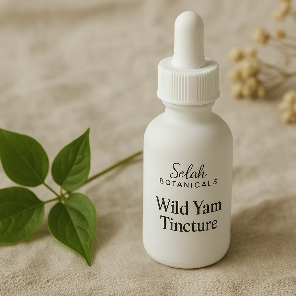 A white dropper bottle labeled "Selah Botanicals Wild Yam Tincture" placed on a beige fabric with green leaves and dried flowers nearby.