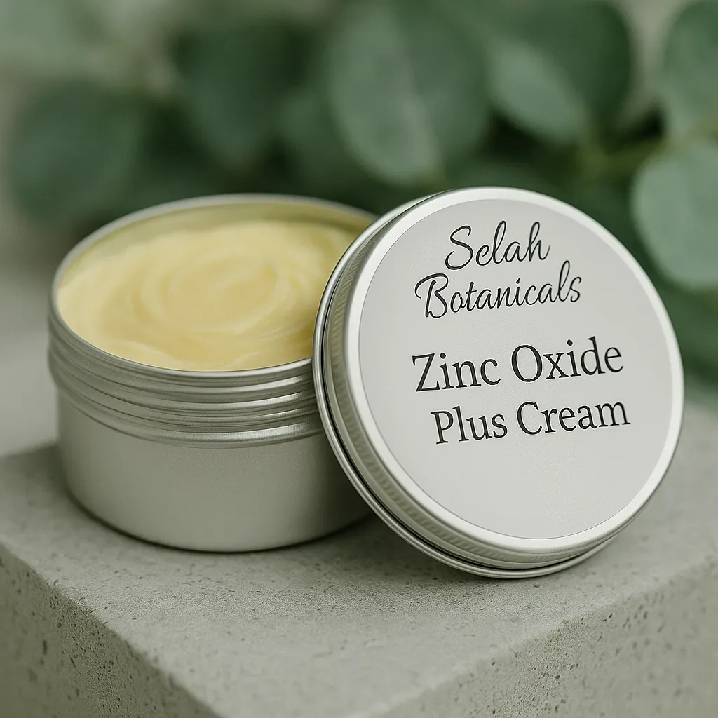 A metal tin labeled "Selah Botanicals Zinc Oxide Plus Cream" sits open, showing a yellowish cream inside, with green leaves blurred in the background.